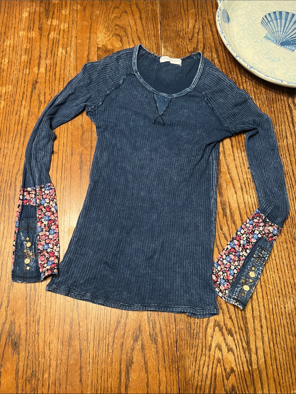 American Able Women's Long Sleeve Indigo Waffle shirt  with Floral Cuff